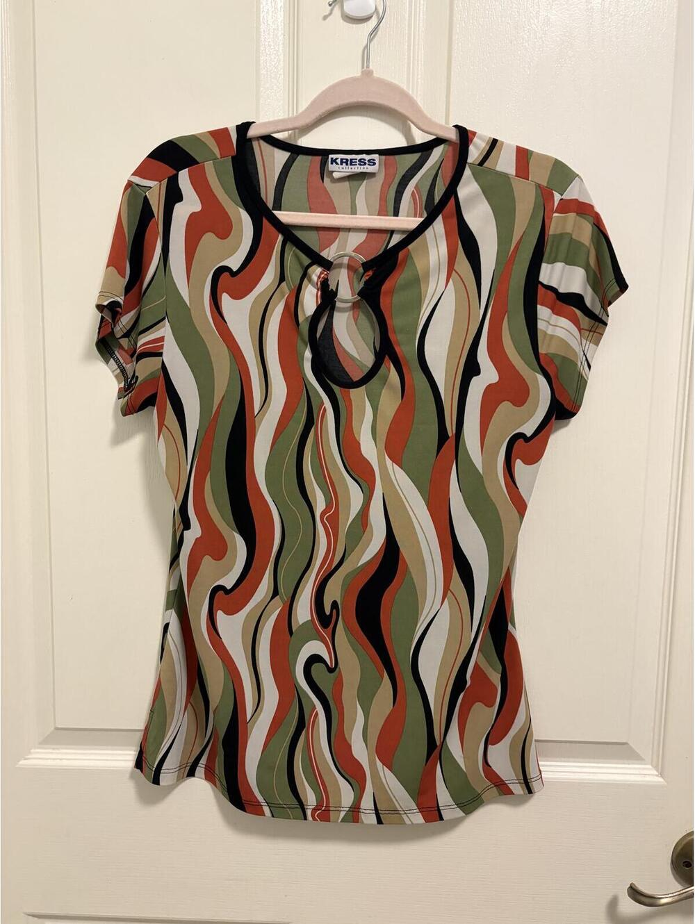 Kress Collection Women's Retro Pattern Short Sleeve Top with Ring Detail Size XL